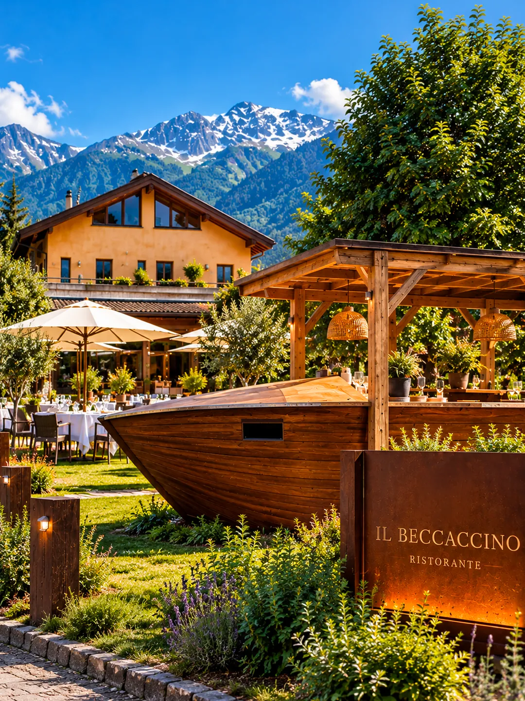 Ristorante Il Beccaccino in the Pian di Spagna nature reserve, with a wooden boat in the garden