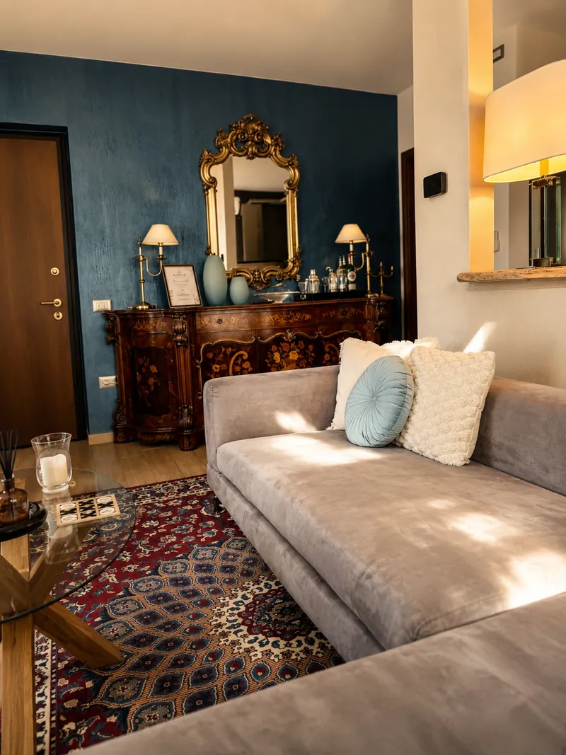 Living room corner with a blue textured wall, gilded mirror and inlaid wooden sideboard