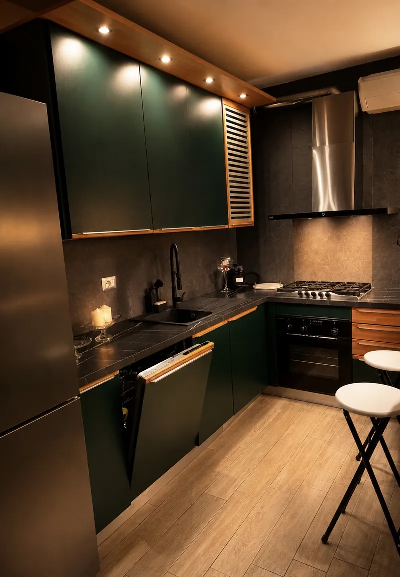 Kitchen at Siham Lake Home with deep green cabinets and wooden details
