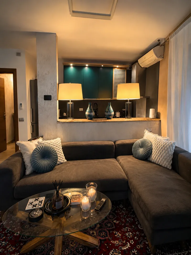 Living room of Siham Lake Home with a corner sofa, glass coffee table and warm lamps