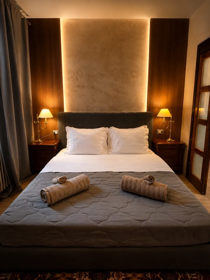 Bedroom at Siham Lake Home with a backlit headboard and brass bedside lamps